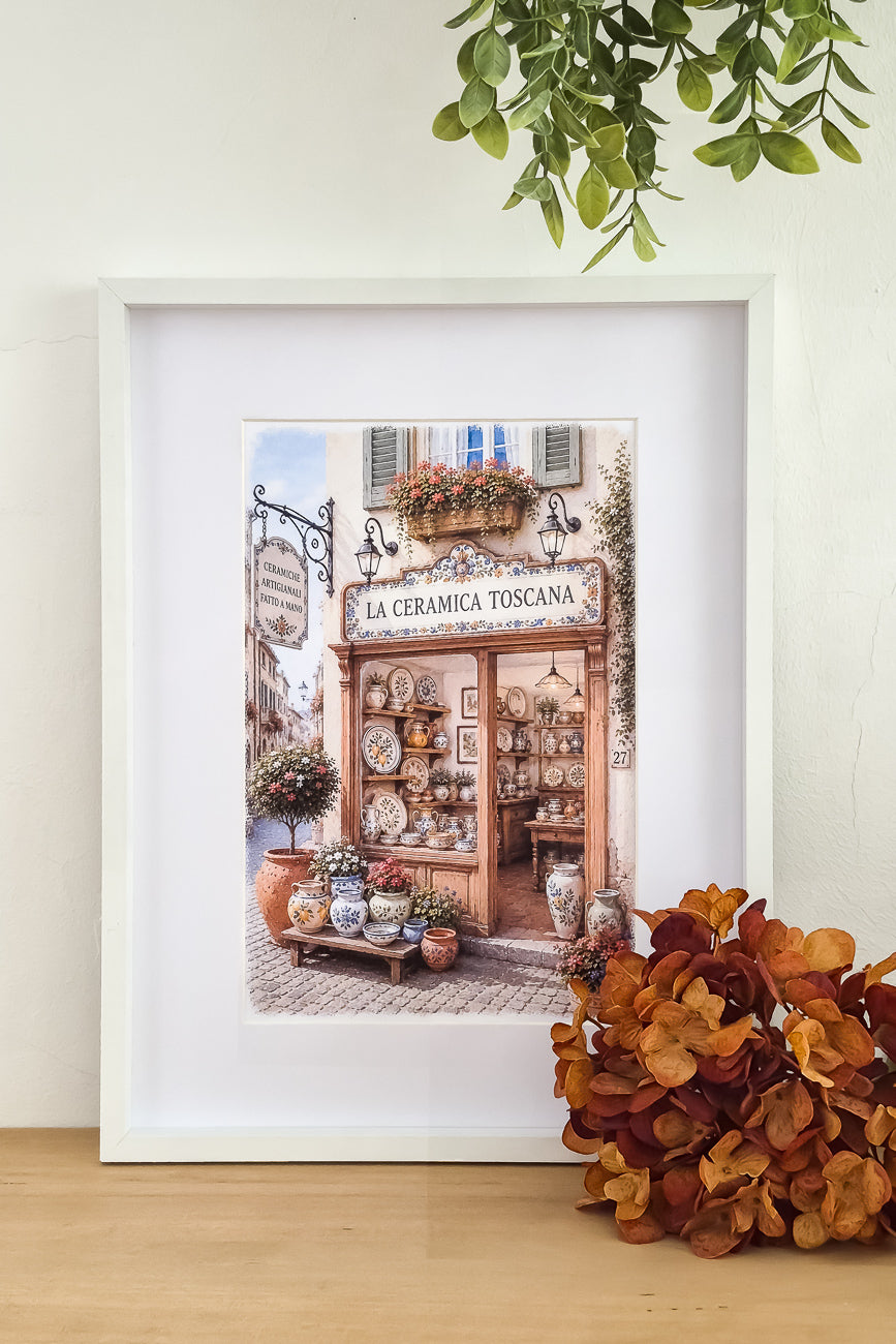 Affiche illustrée A4 d'une vitrine de boutique de céramiques italiennes mise en situation. Impression HD sur carton 200 g.