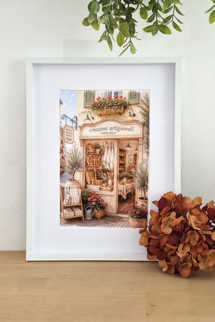Affiche illustrée A4 d'une vitrine de boutique italienne de créations artisanales mise en situation. Impression HD sur carton 200 g.