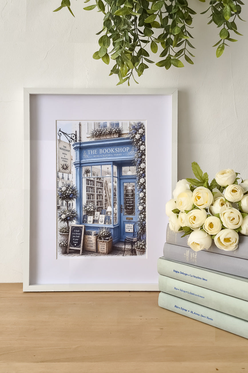 Affiche illustrée A4 d'une vitrine de librairie anglaise The Bookshop mise en situation. Impression HD sur carton 200 g.