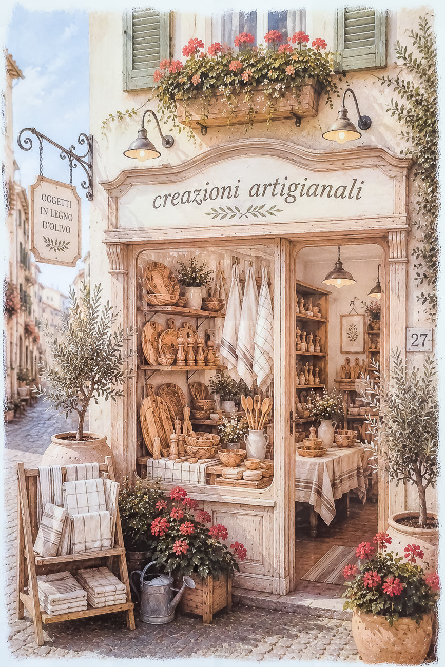 Affiche illustrée A4 vitrine boutique italienne  créations artisanales. Impression HD sur carton 200 g.