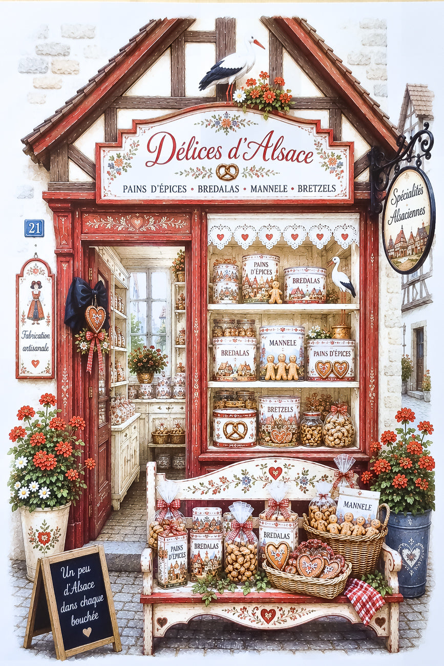 Affiche A4 illustrée vitrine boutique Délices d'Alsace. Impression hd sur carton 200g