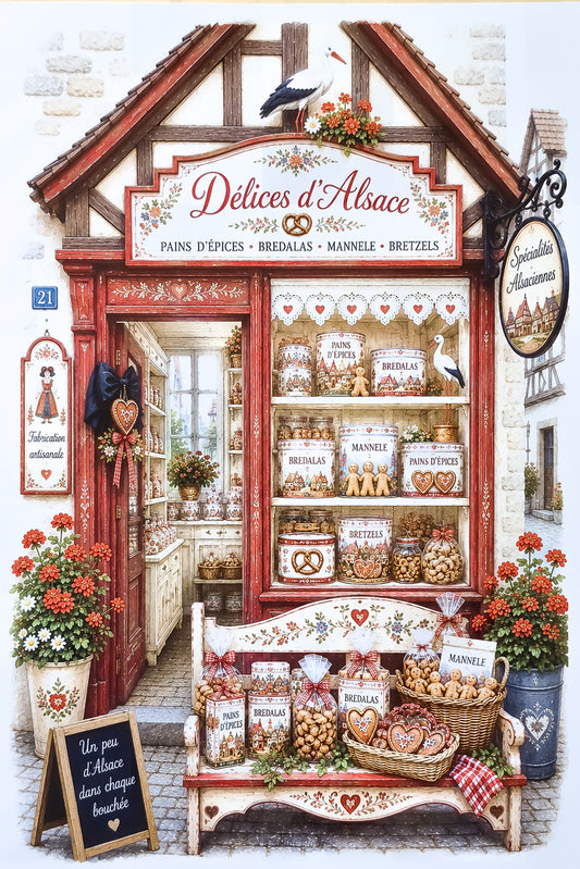 Affiche A4 illustrée vitrine boutique Délices d'Alsace. Impression hd sur carton 200g