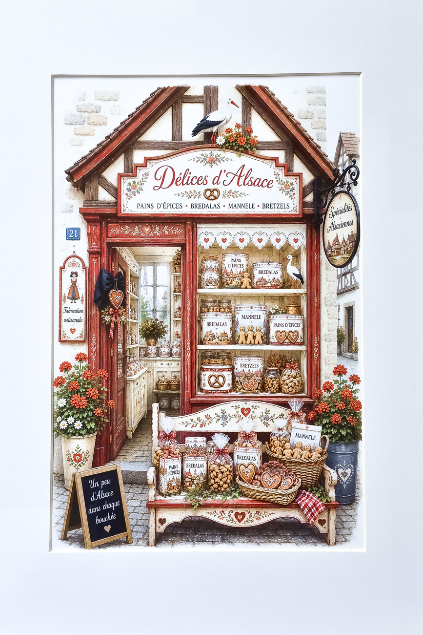Affiche A4 illustrée vitrine boutique Délices d'Alsace vue de face. Impression hd sur carton 200 g.