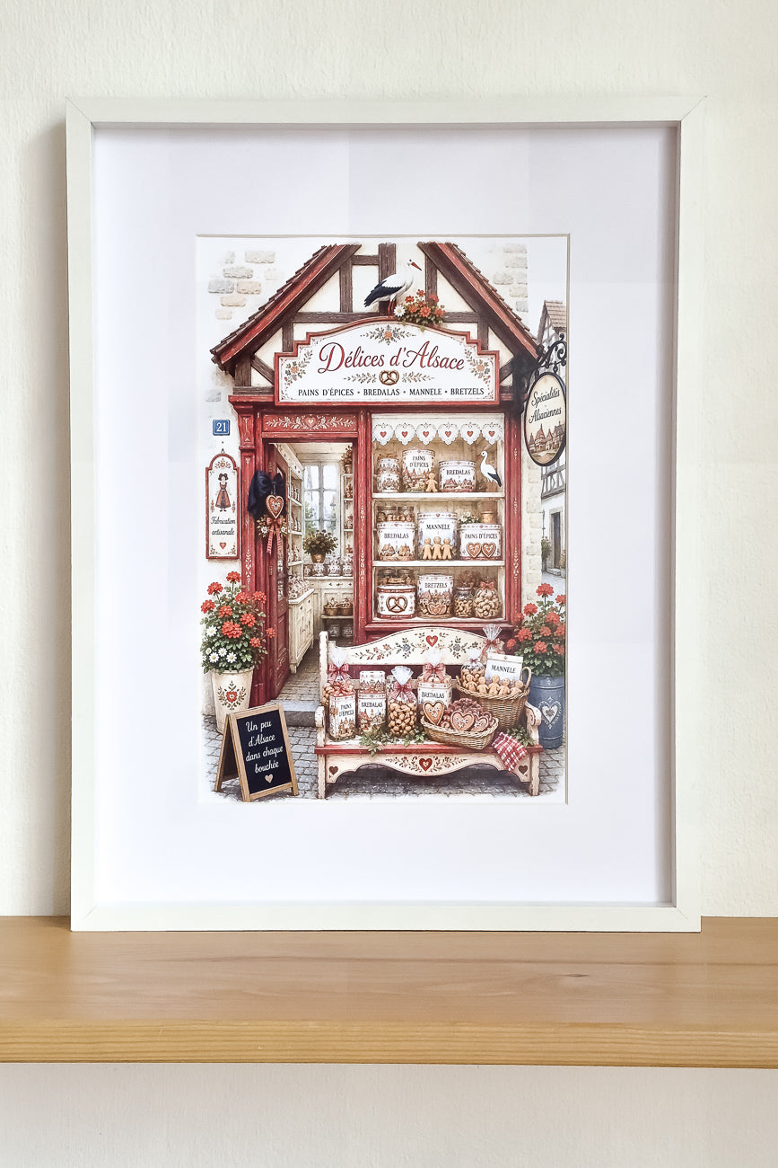 Affiche A4 illustrée vitrine boutique Délices d'Alsace mise en situation. Impression hd sur carton 200 g