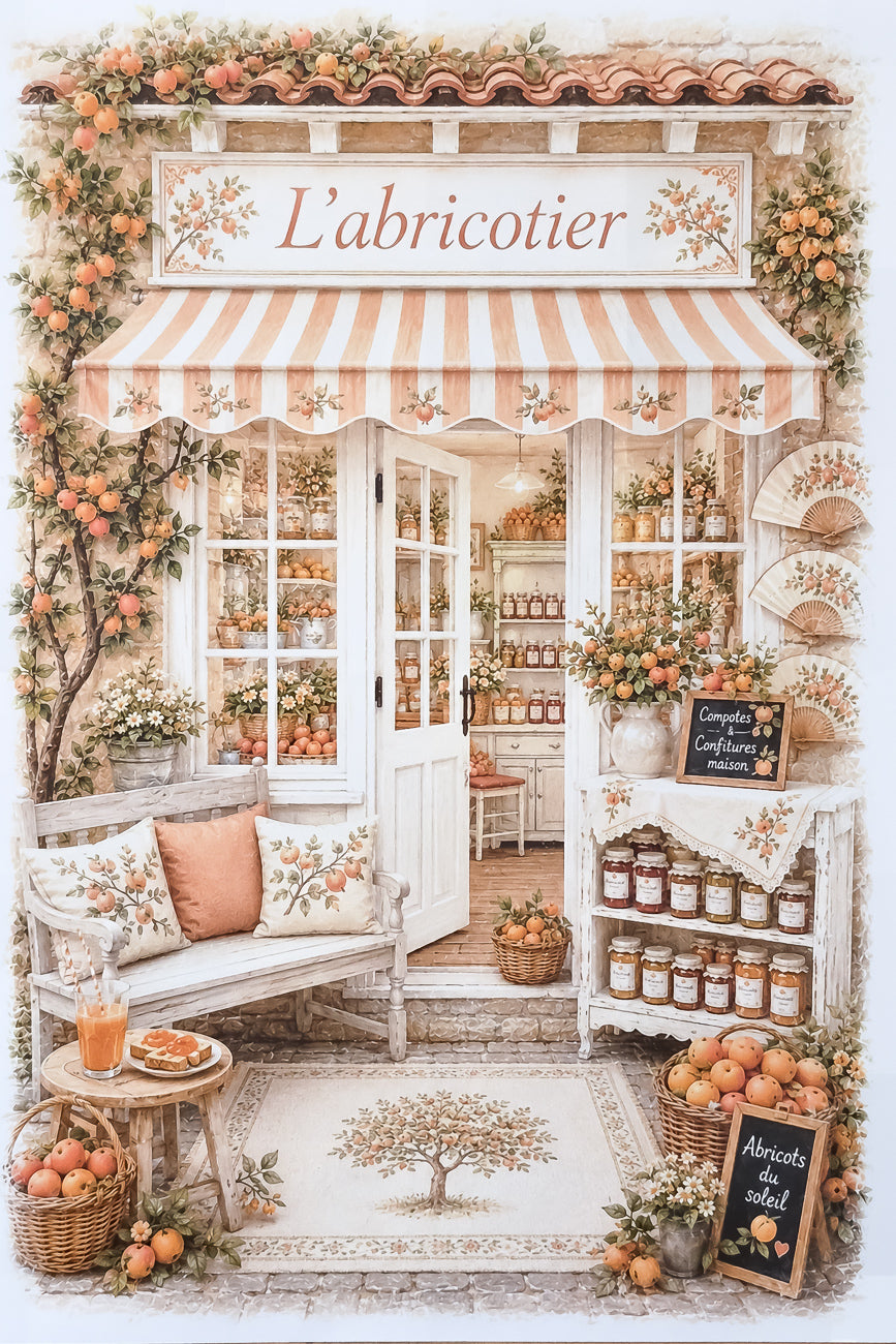 Affiche illustrée A4 Vitrine boutique L'abricotier. Impression hd sur papier cartonné 200g.