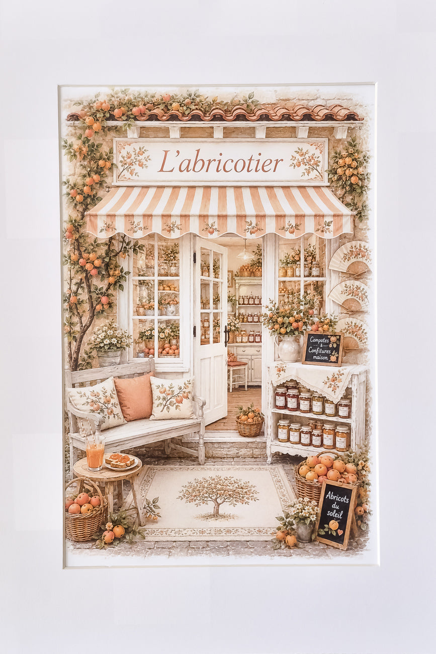 Affiche A4 illustrée vitrine boutique L'abricotier 2. Vue de face. Impression hd sur carton 200g