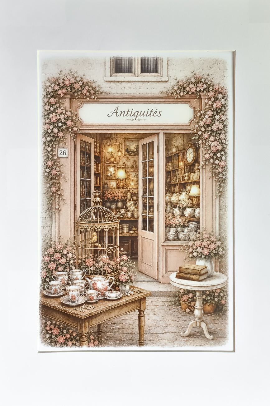Affiche format A4 d'une vitrine d'antiquaire urbain vue de face. Impression HD sur carton 200 g.