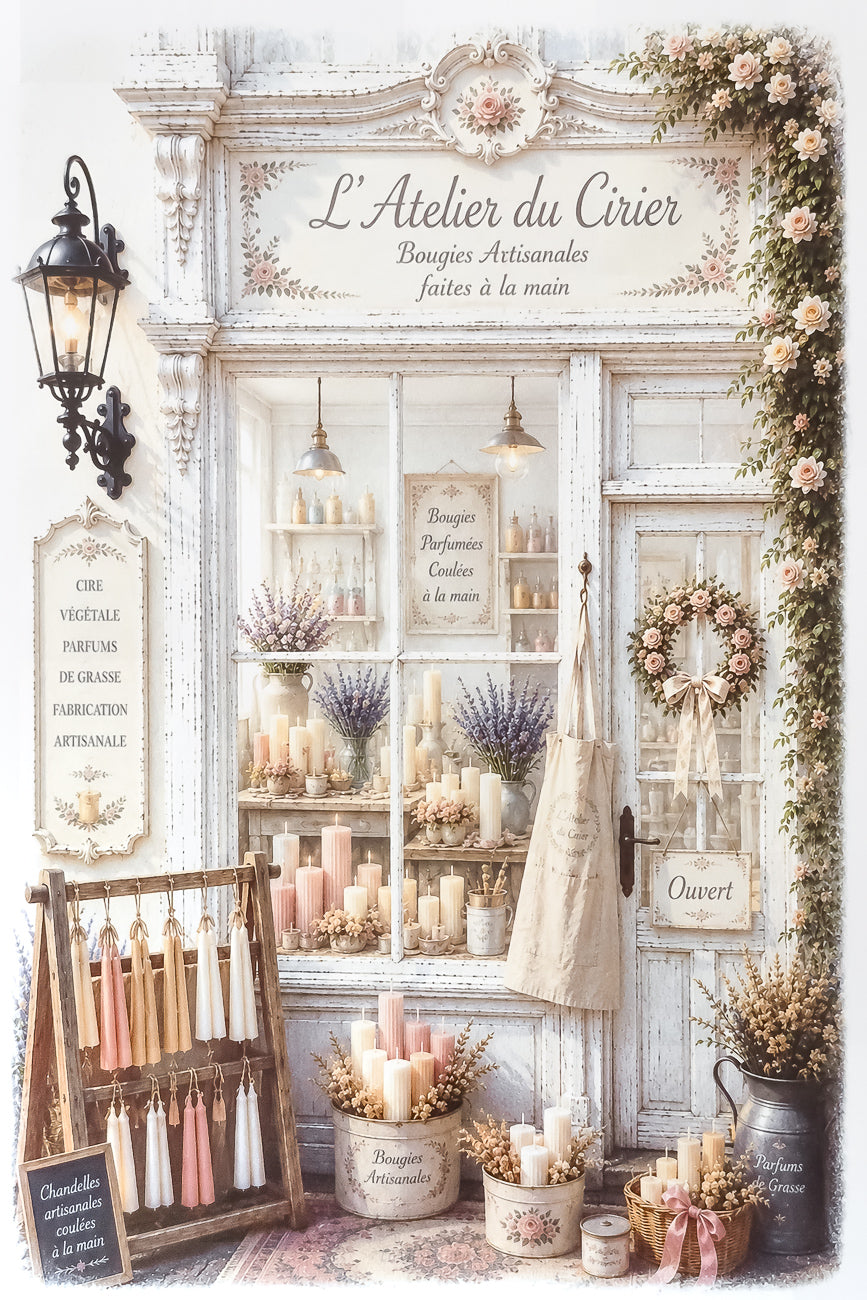 Affiche A4 d'une vitrine d'un atelier de cirier. Impression HD sur carton 200 g. Style shabby chic
