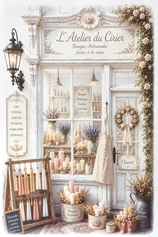 Affiche A4 d'une vitrine d'un atelier de cirier. Impression HD sur carton 200 g. Style shabby chic