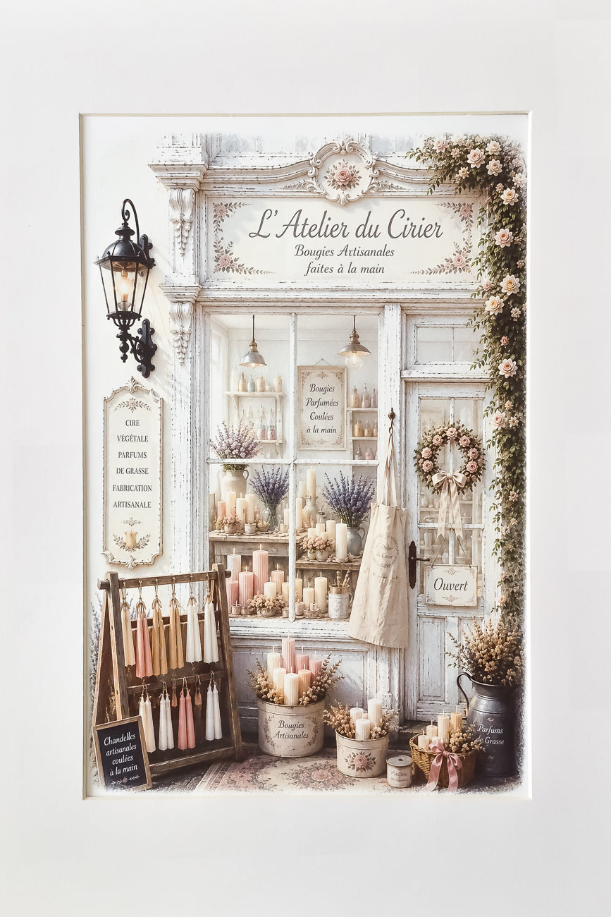 Affiche A4 d'une vitrine d'un atelier de cirier vue de face. Impression HD sur carton 200 g. Style shabby chic