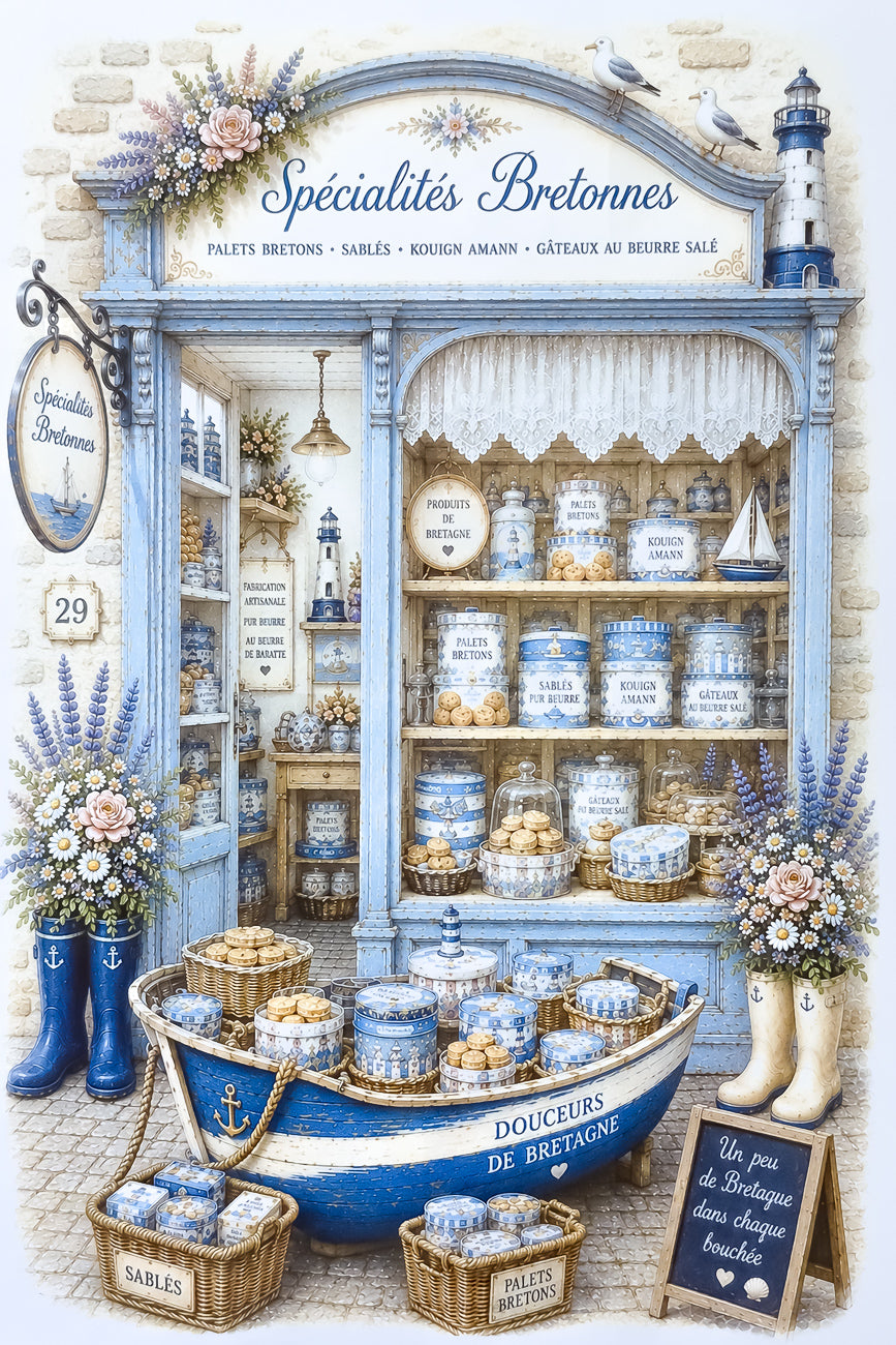 Affiche A4 illustrée vitrine boutique Spécialités bretonnes. Impression hd sur carton 200 g