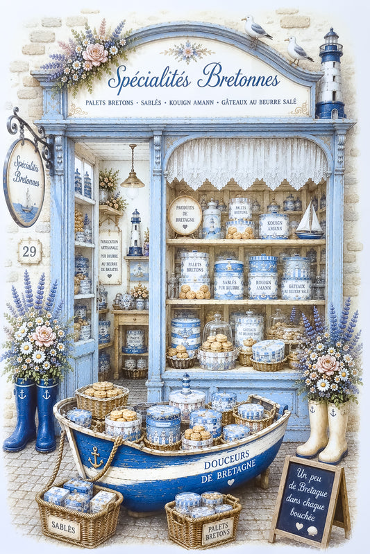 Affiche A4 illustrée vitrine boutique Spécialités bretonnes. Impression hd sur carton 200 g