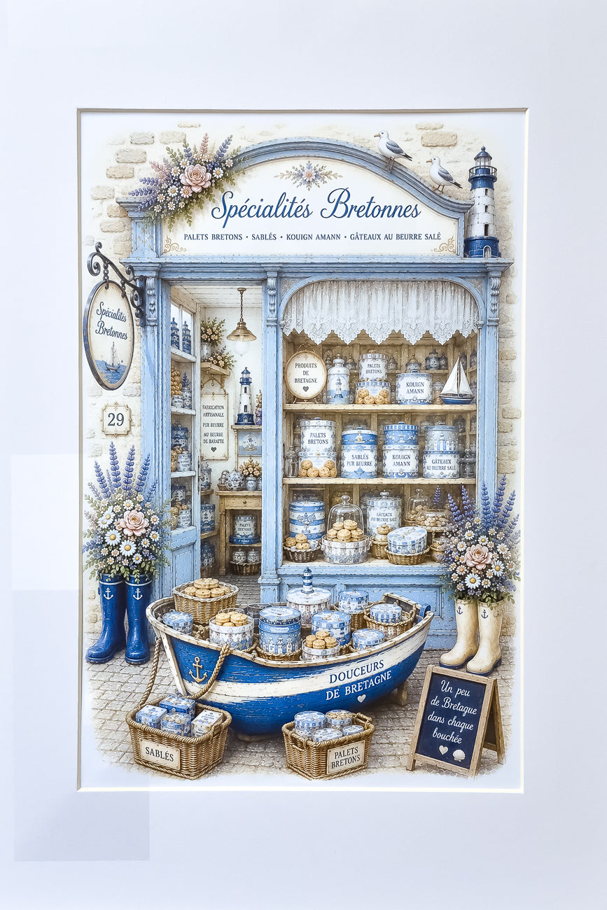Affiche A4 illustrée vitrine boutique Spécialités bretonnes vue de face. Impression hd sur carton 200g