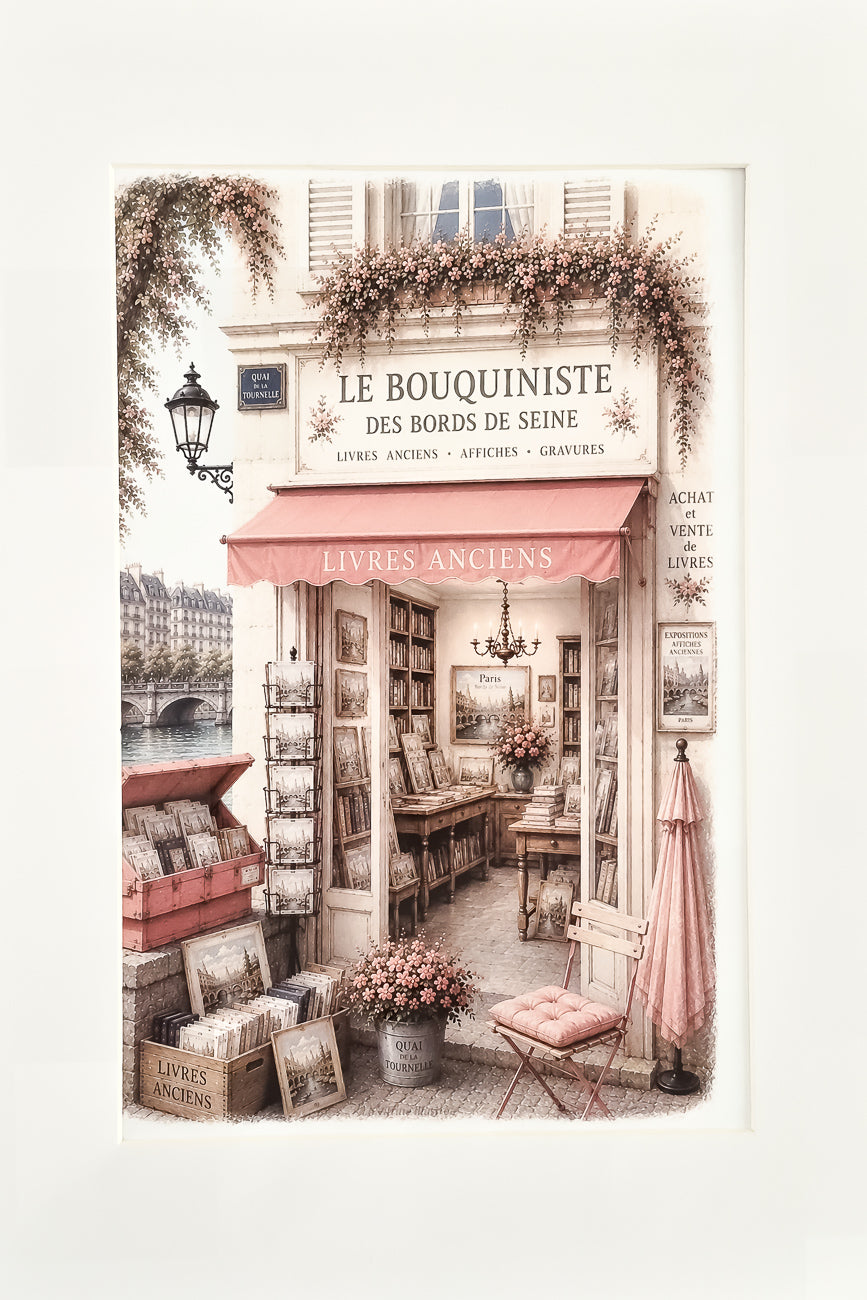 Affiche format A4 de vitrine de bouquiniste des bords de Seine à PARIS vue de face. Impression HD sur papier 200 g.