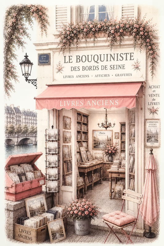 Affiche format A4 de vitrine de bouquiniste des bords de Seine à PARIS. Impression HD sur papier 200 g.