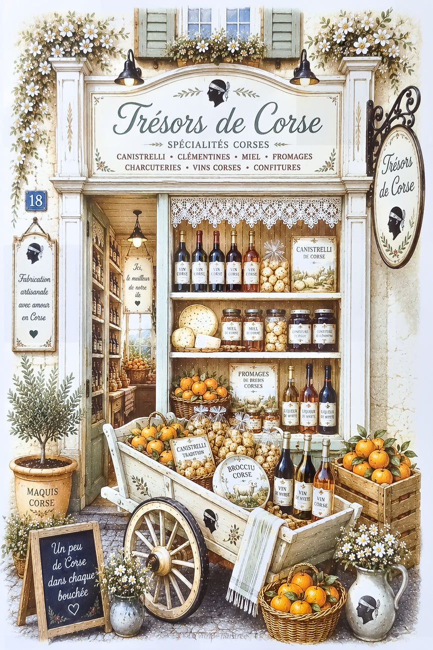 Affiche A4 illustrée vitrine boutique Trésors de Corse. Impression hd sur carton 200 g