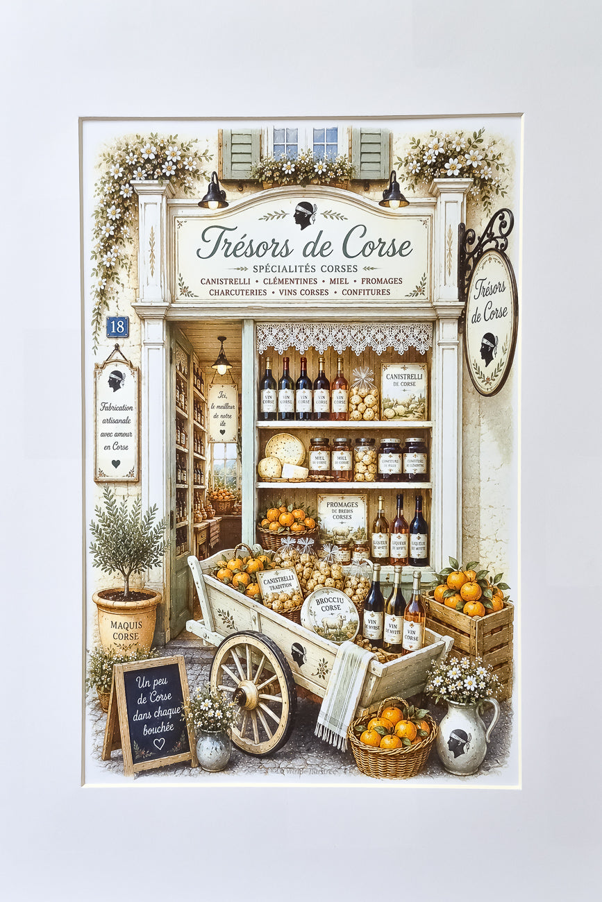 Affiche A4 illustrée vitrine boutique Trésors de Corse vue de face. Impression hd sur carton 200 g