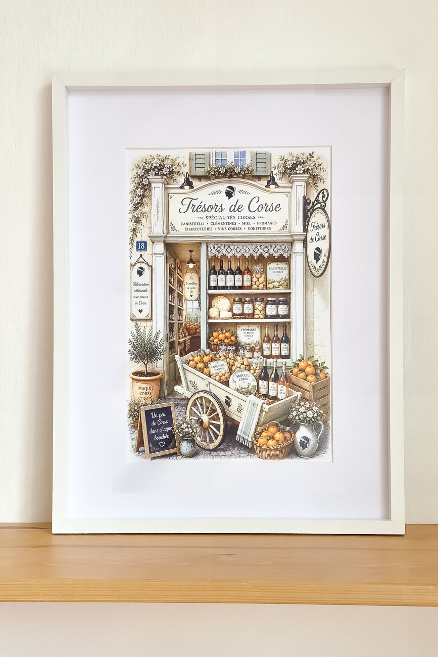 Affiche A4 illustrée vitrine boutique Trésors de Corse. Impression hd sur carton 200 g
