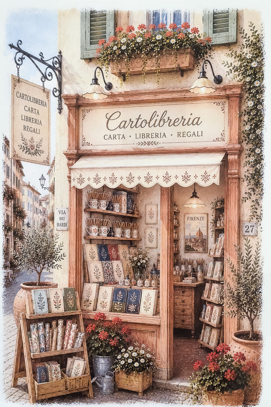 Affiche illustrée A4 vitrine papeterie italienne produits florentins. Impression HD sur carton 200 g.
