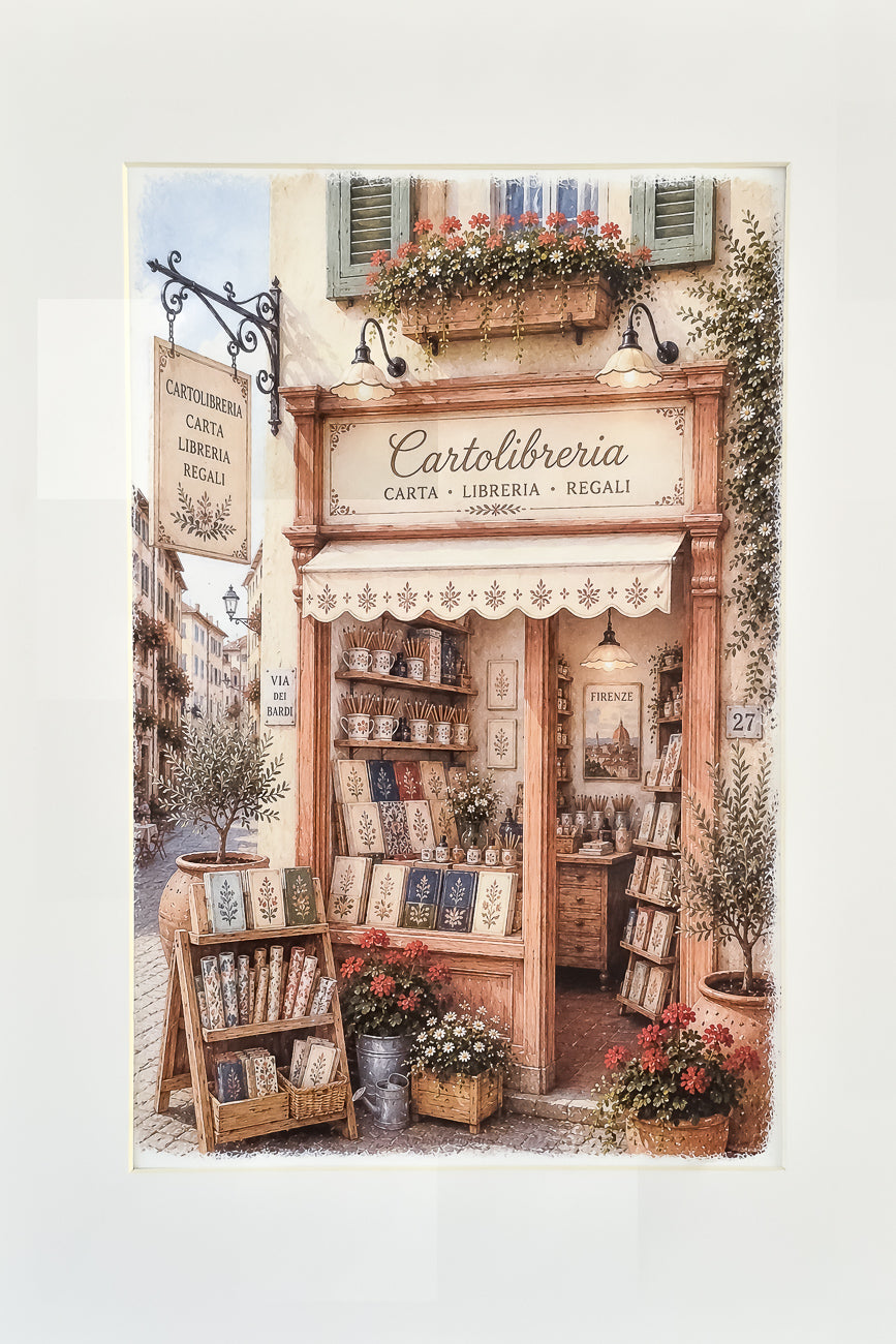 Affiche illustrée A4 d'une vitrine de papeterie italienne aux produits florentins vue de face. Impression HD sur carton 200 g.