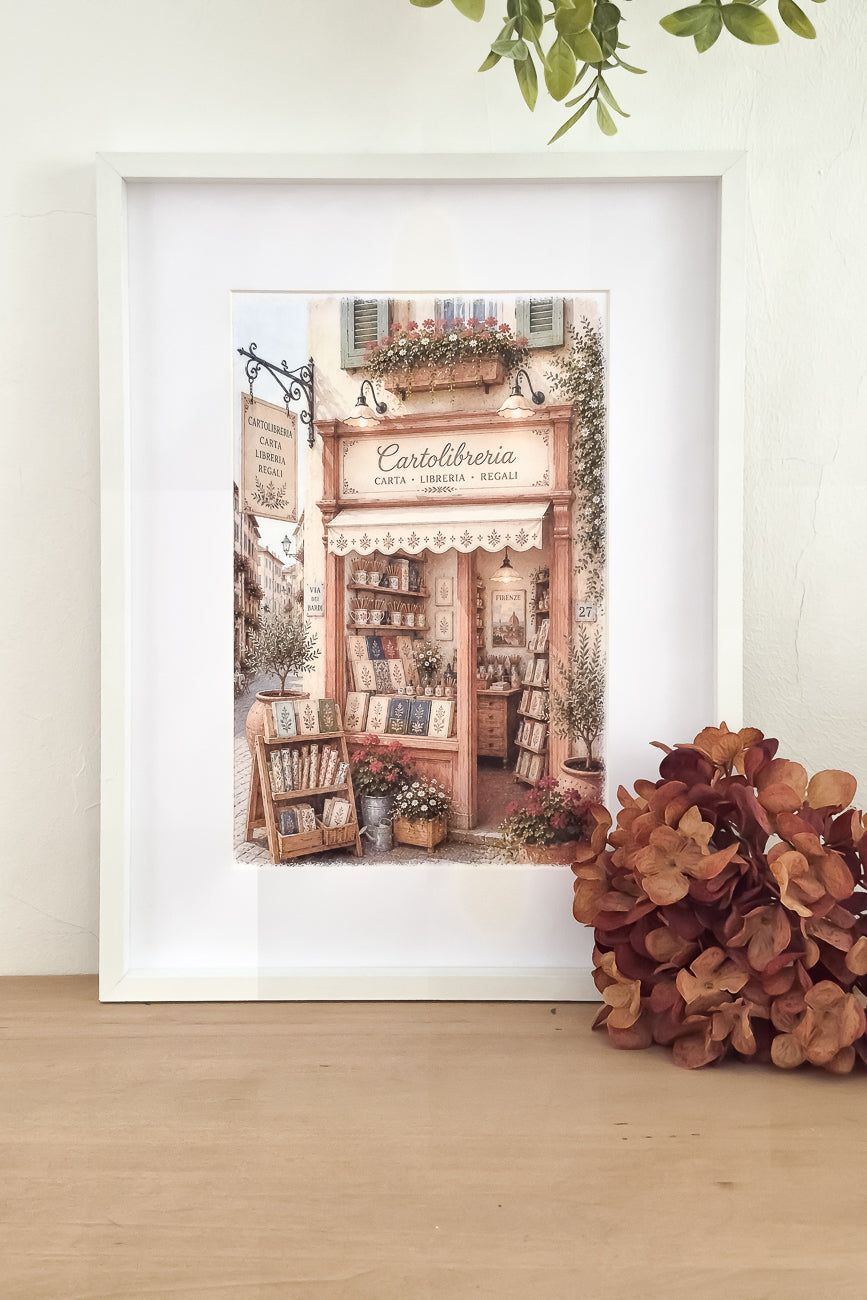 Affiche illustrée A4 d'une vitrine de papeterie italienne aux produits florentins mise en situation. Impression HD sur carton 200 g.