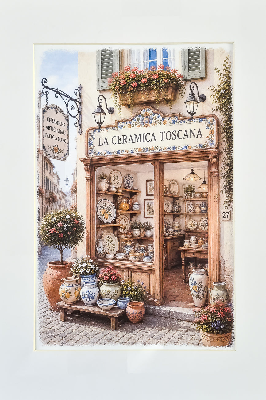 Affiche illustrée A4 d'une vitrine de boutique de céramiques italiennes vue de face. Impression HD sur carton 200 g.