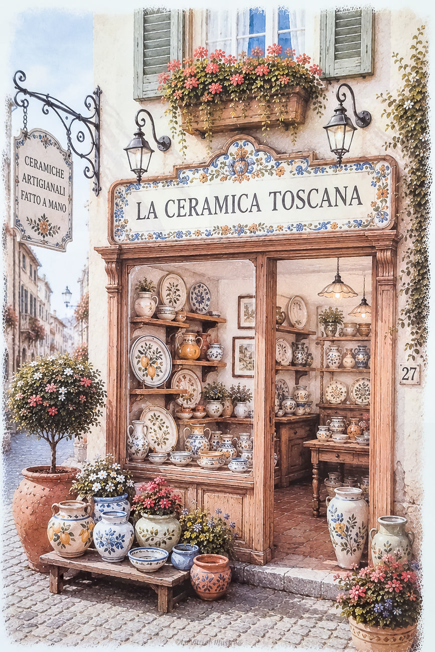 Affiche illustrée A4 d'une vitrine de boutique de céramiques italiennes. Impression HD sur carton 200 g.