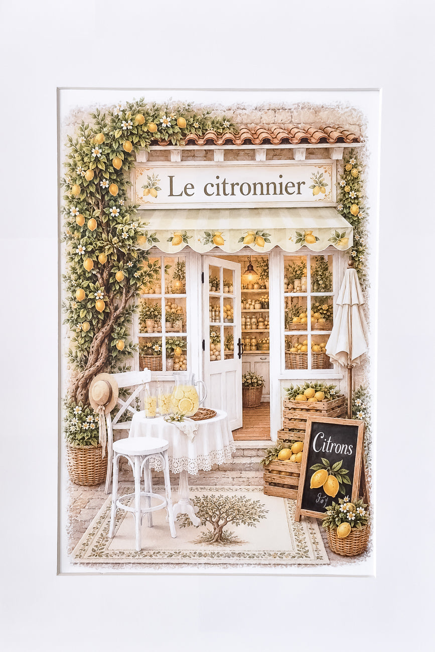 Affiche A4 illustrée boutique Le Citronnier vue face impression hd, carton 200g