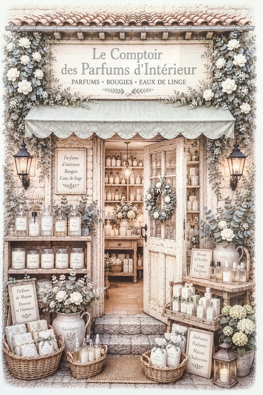 Affiche format A4 d'une vitrine de boutique de parfums d'intérieur. Impression HD sur carton 200 g