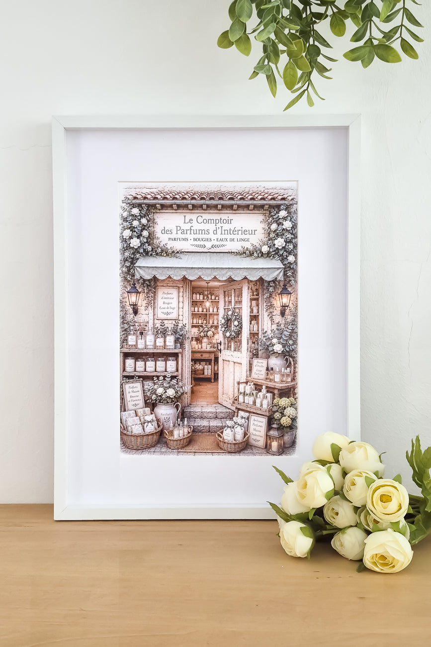 Affiche format A4 d'une vitrine de boutique de parfums d'intérieur mise en situation. Impression HD sur carton 200 g