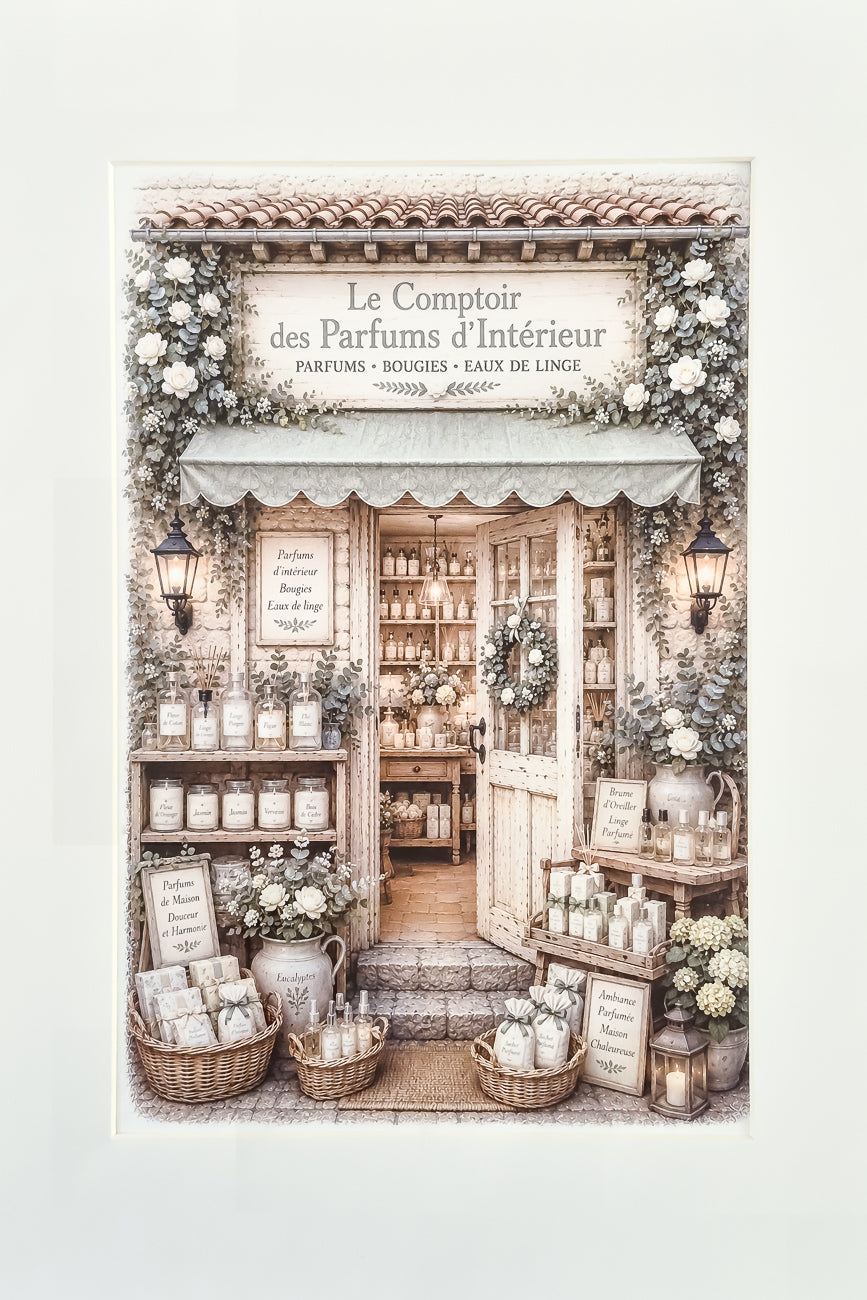 Affiche format A4 d'une vitrine de boutique de parfums d'intérieur vue de face. Impression HD sur carton 200 g