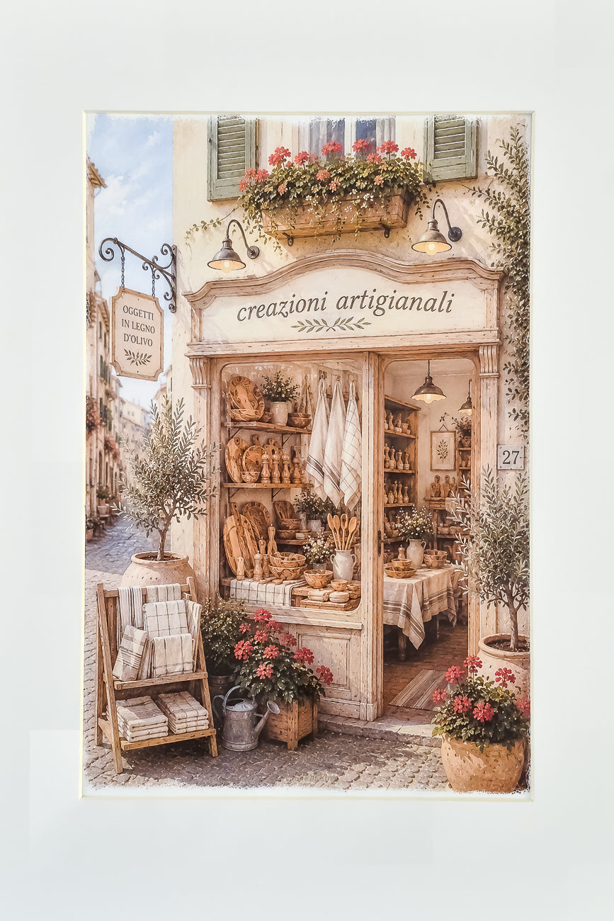 Affiche illustrée A4 d'une vitrine de boutique italienne de créations artisanales vue de face. Impression HD sur carton 200 g.