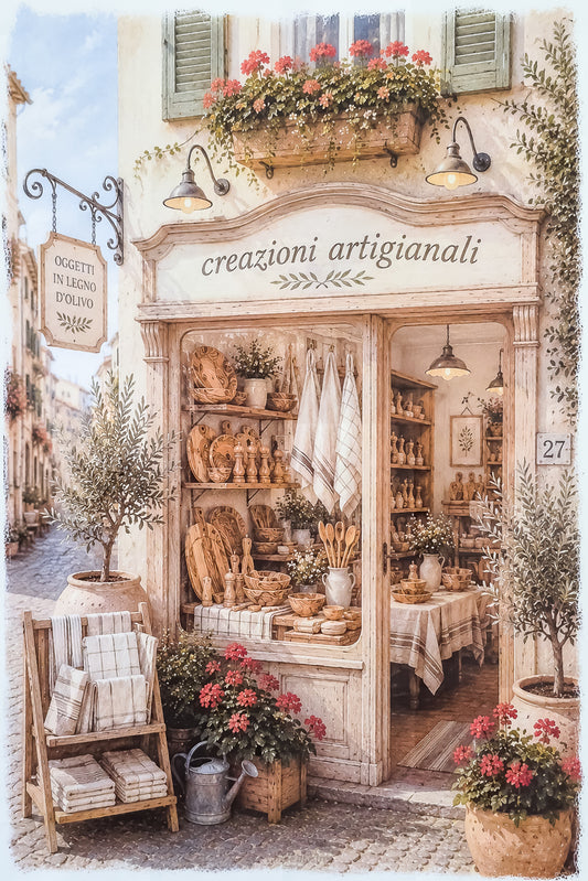Affiche illustrée A4 vitrine boutique italienne  créations artisanales. Impression HD sur carton 200 g.