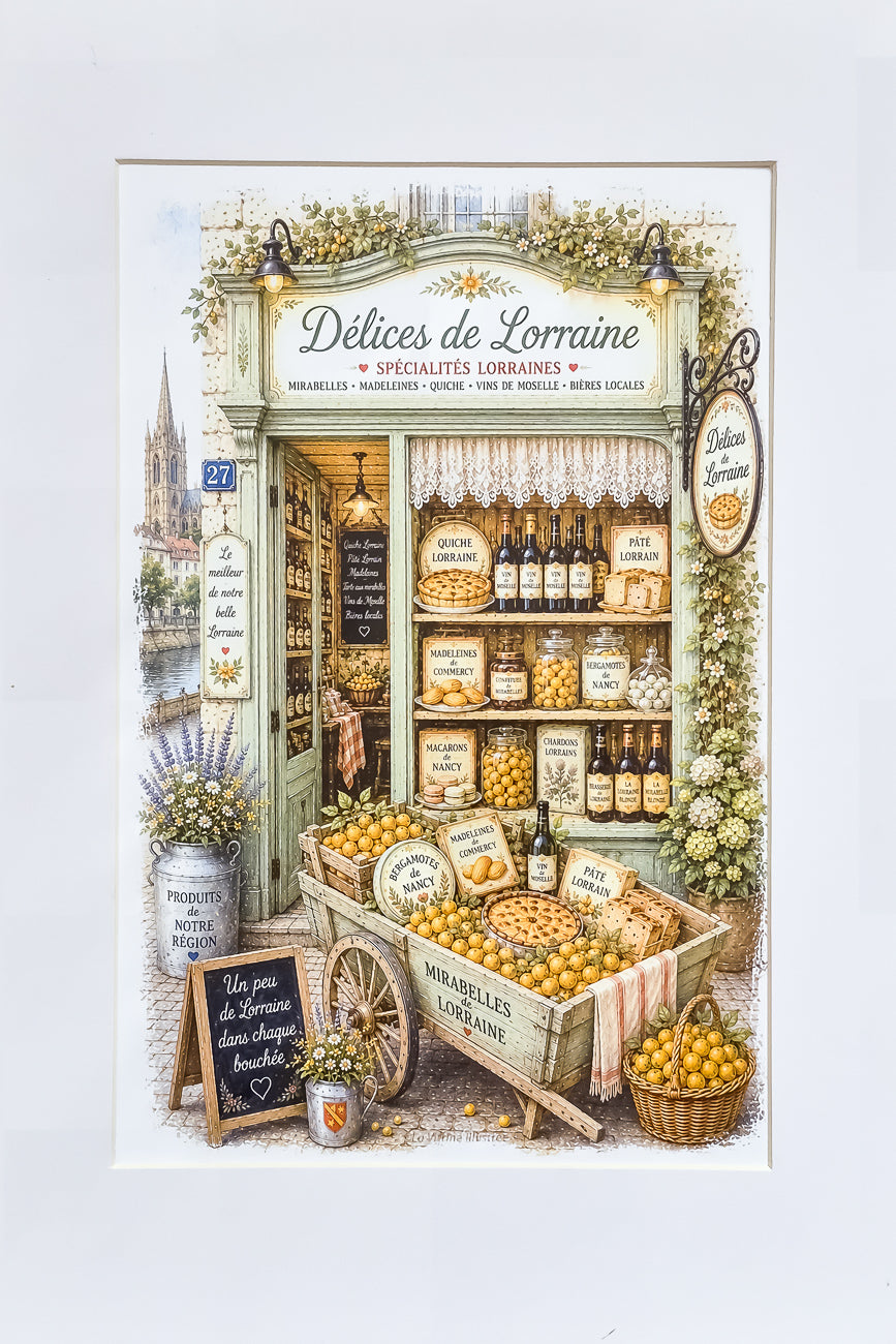 Affiche A4 d'une vitrine de boutique de spécialités lorraines vue de face. Impression HD sur carton 200 g.