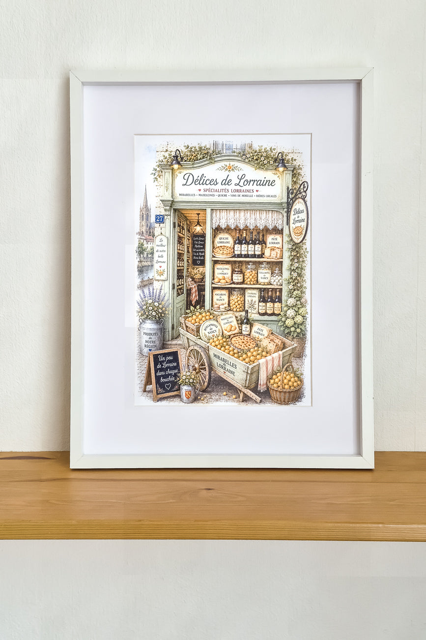 Affiche A4 d'une vitrine de boutique de spécialités lorraines mise en situation. Impression HD sur carton 200 g.