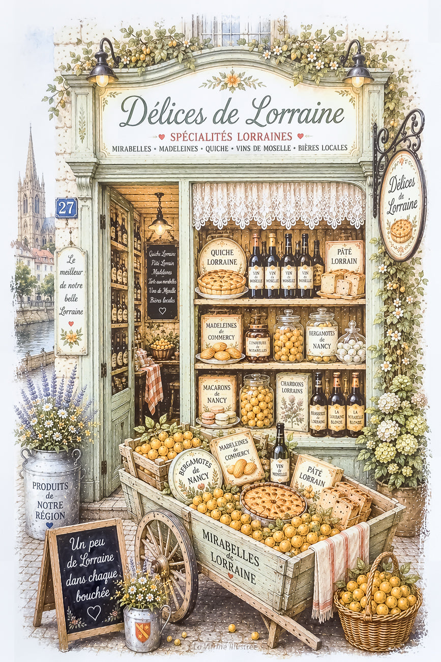 Affiche A4 d'une vitrine de boutique de spécialités lorraines. Impression HD sur carton 200 g.