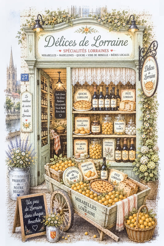 Affiche A4 d'une vitrine de boutique de spécialités lorraines. Impression HD sur carton 200 g.