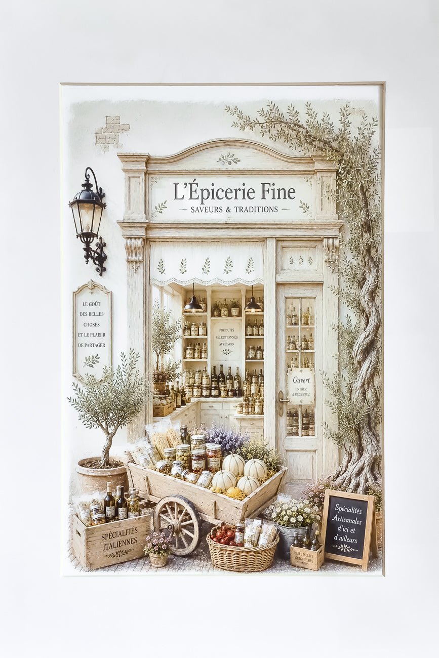 Affiche A4 d'une vitrine d'épicerie fine méditerranéenne vue de face. Impression HD sur carton 200 g.