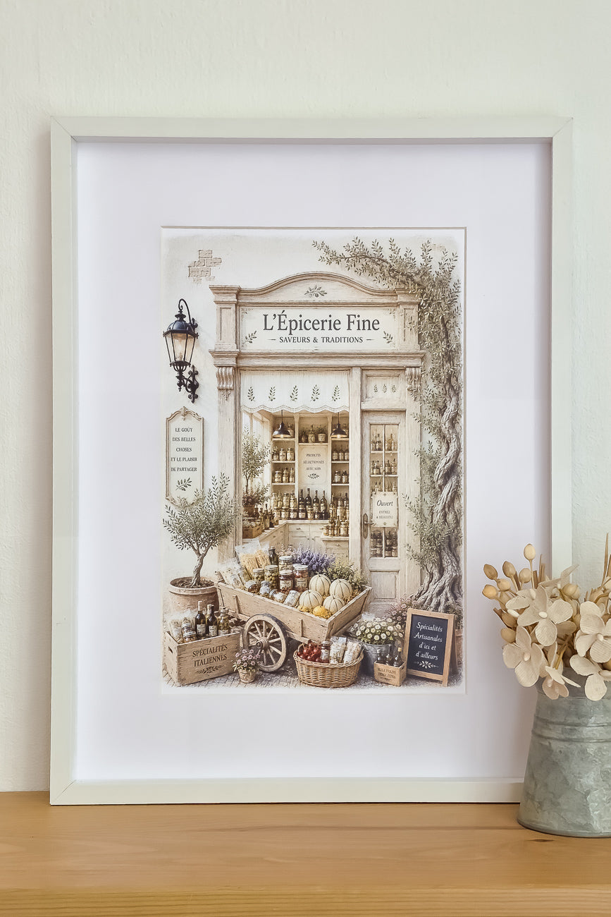 Affiche A4 d'une vitrine d'épicerie fine méditerranéenne mise en situation. Impression HD sur carton 200 g.