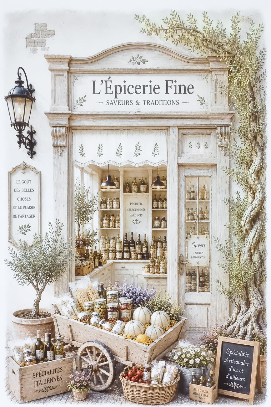 Affiche A4 d'une vitrine d'épicerie fine méditerranéenne. Impression HD sur carton 200 g.