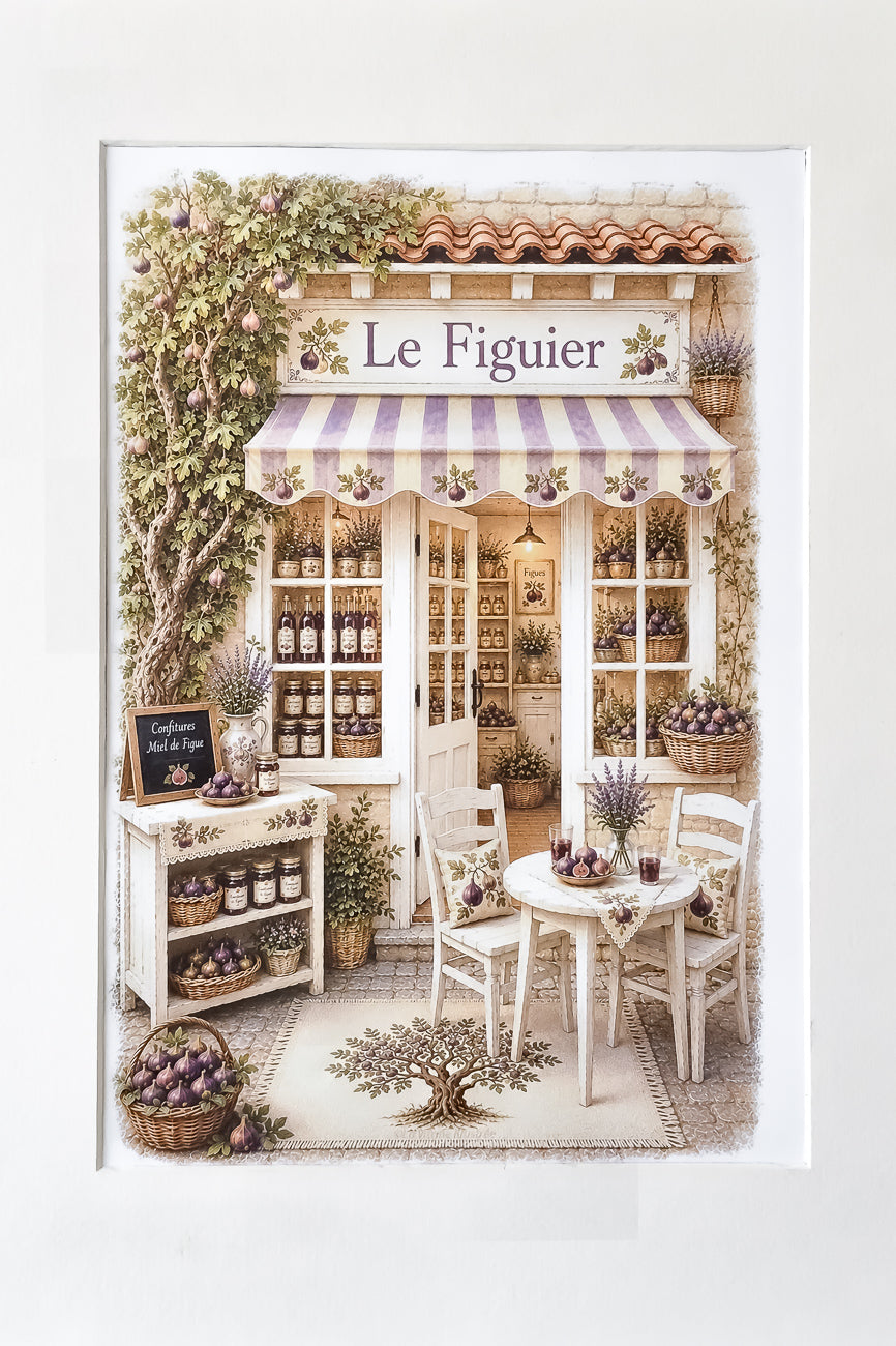 Affiche A4 illustrée vitrine boutique Le figuier. Vue de face. Impression hd sur carto n 200 g