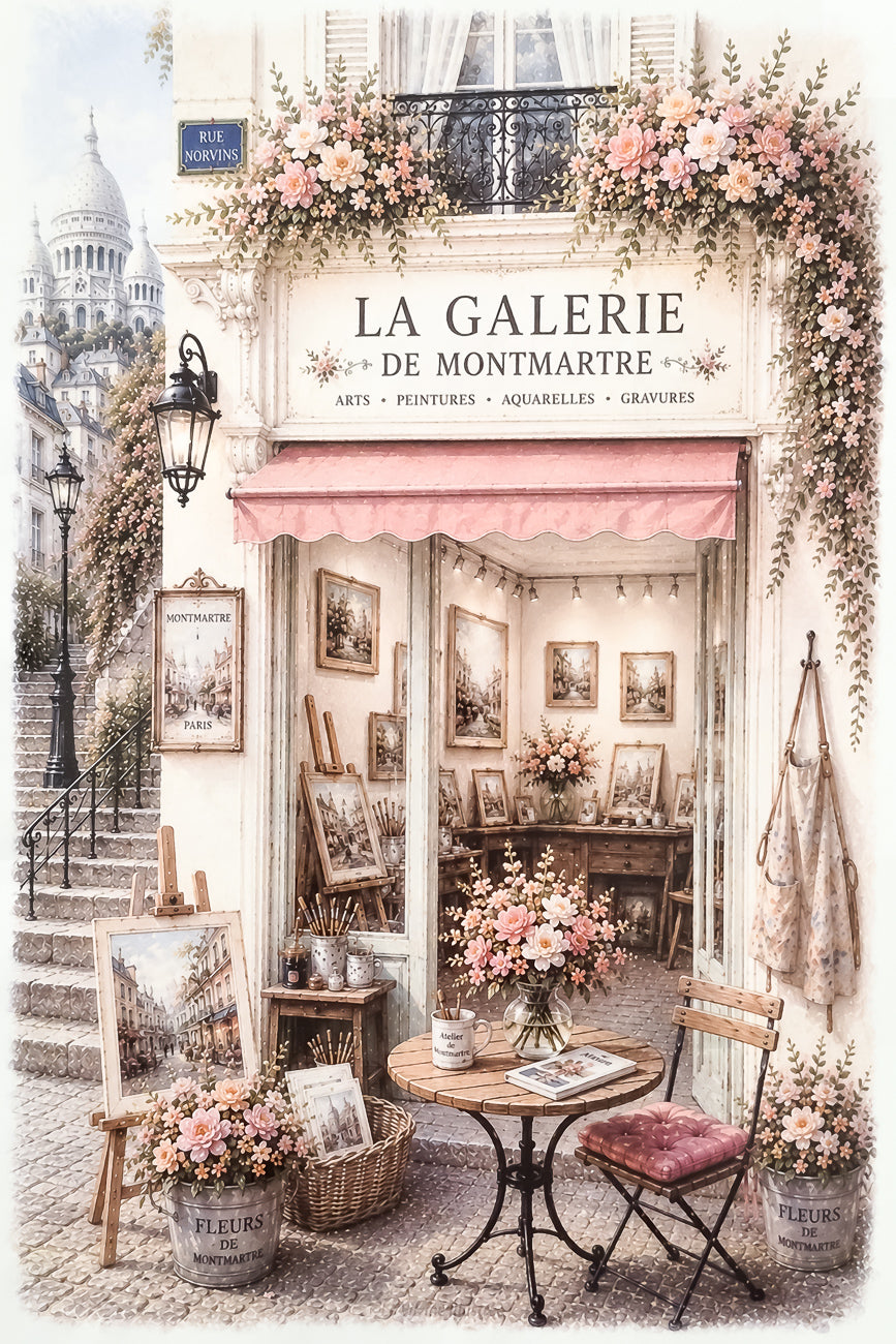 Affiche format A4 d'une vitrine de galerie d'art à Montmartre PARIS. Impression HD sur carton 200 g.