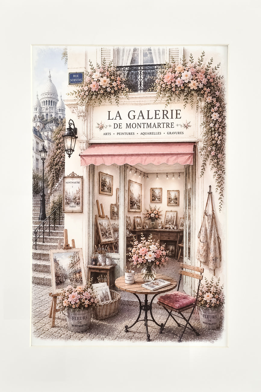 Affiche format A4 d'une vitrine de galerie d'art , vue de face à Montmartre PARIS. Impression HD sur carton 200 g.