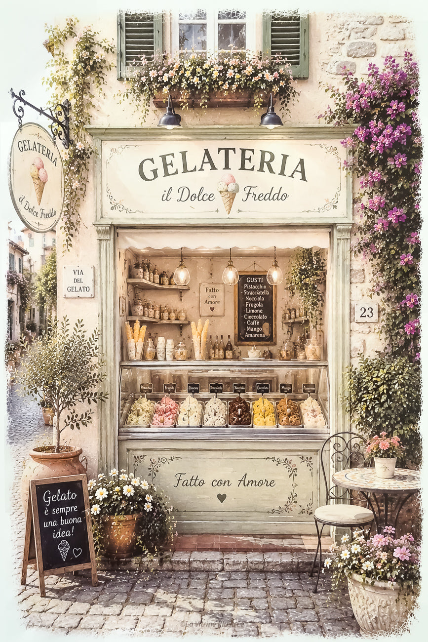 Affiche A4 illustrée Vitrine marchand de glaces Gelateria. Impression HD sur carton 200 g.