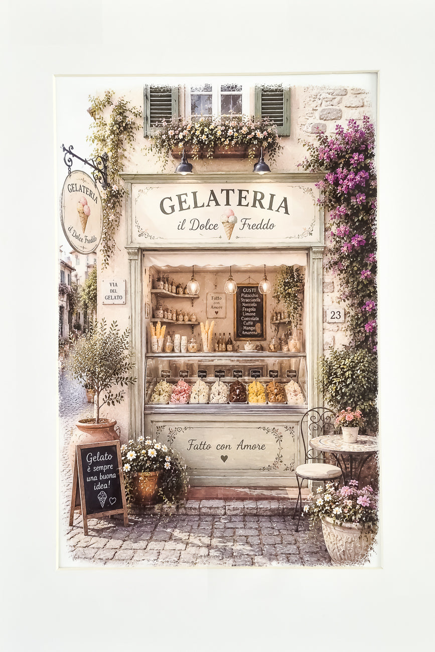 Affiche A4 illustrée Vitrine marchand de glaces Gelateria vue de face. Impression HD sur carton 200 g.