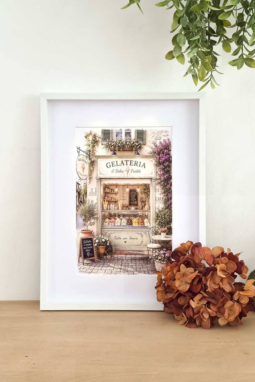 Affiche A4 illustrée Vitrine marchand de glaces Gelateria mise en situation. Impression HD sur carton 200 g.