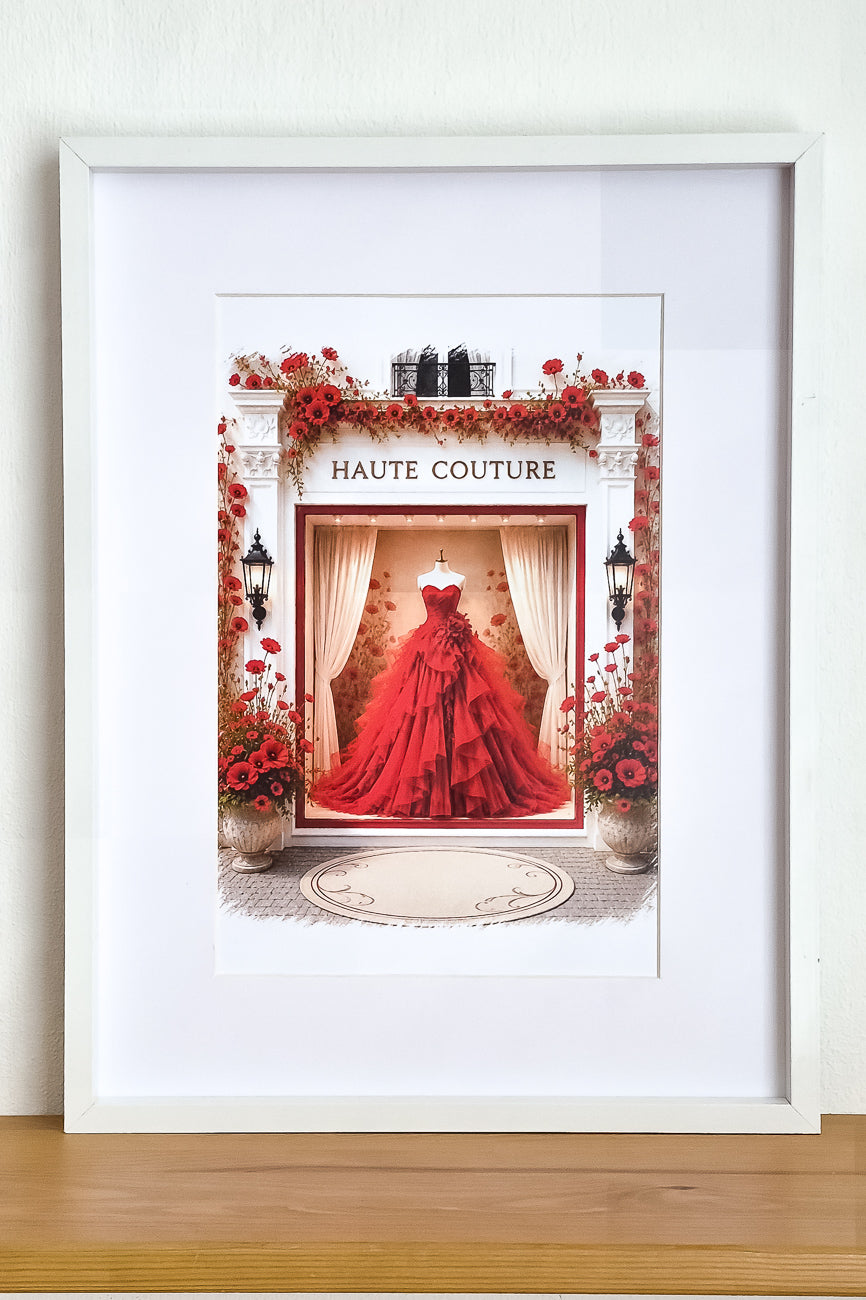 Affiche A4 illustrée vitrine boutique mode Haute Couture 11 mise en situation. Impression hd sur carton 200 g
