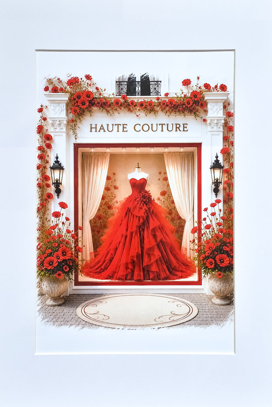 Affiche A4 illustrée vitrine boutique mode Haute Couture 11 vue de face. Impression hd sur carton 200 g