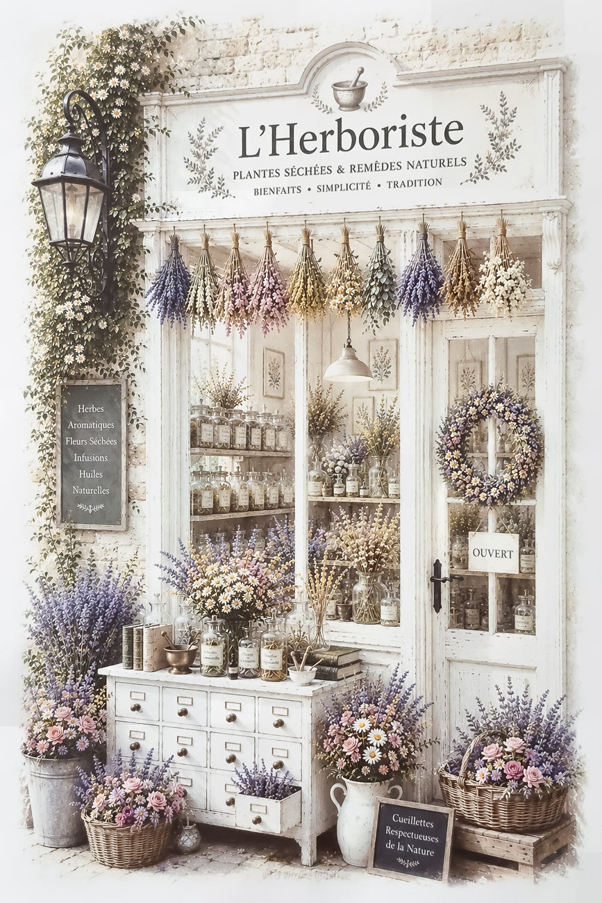 Affiche A4 de la vitrine d'un herboriste à l'ancienne. Impression HD sur carton 200 g.