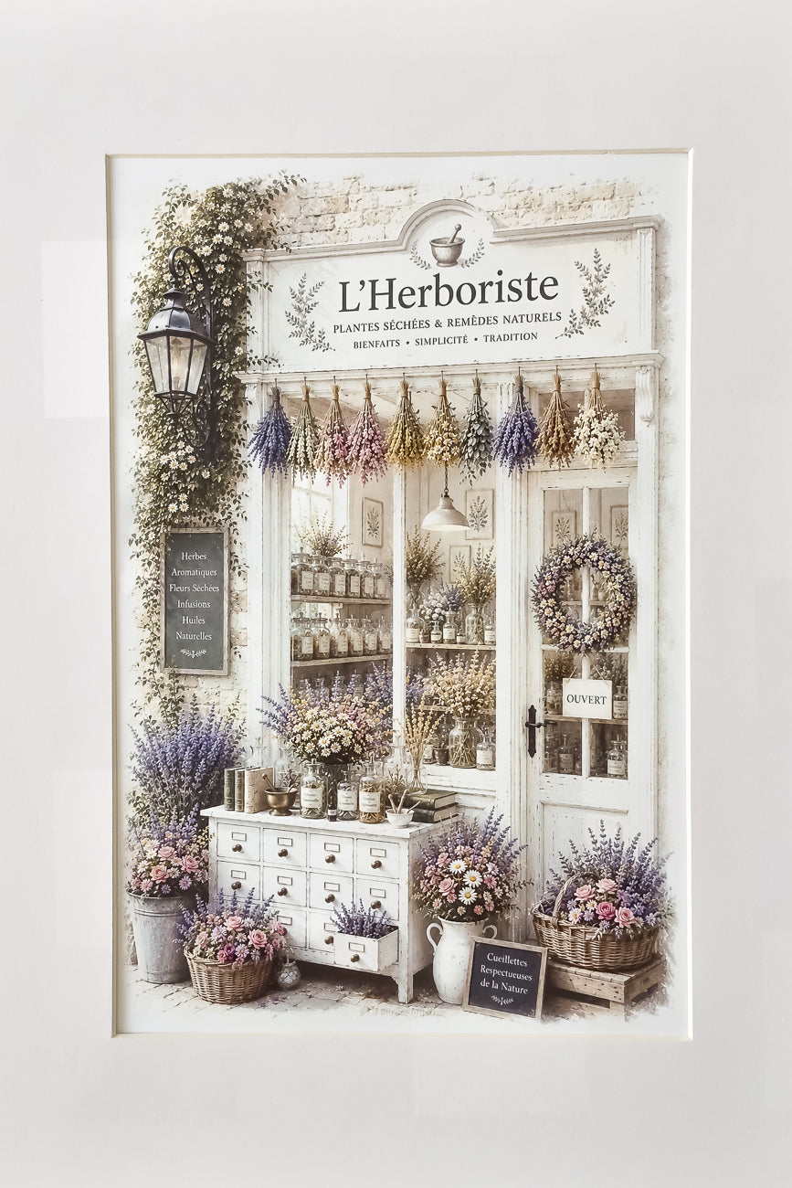 Affiche A4 de la vitrine d'un herboriste à l'ancienne vue de face. Impression HD sur carton 200 g.